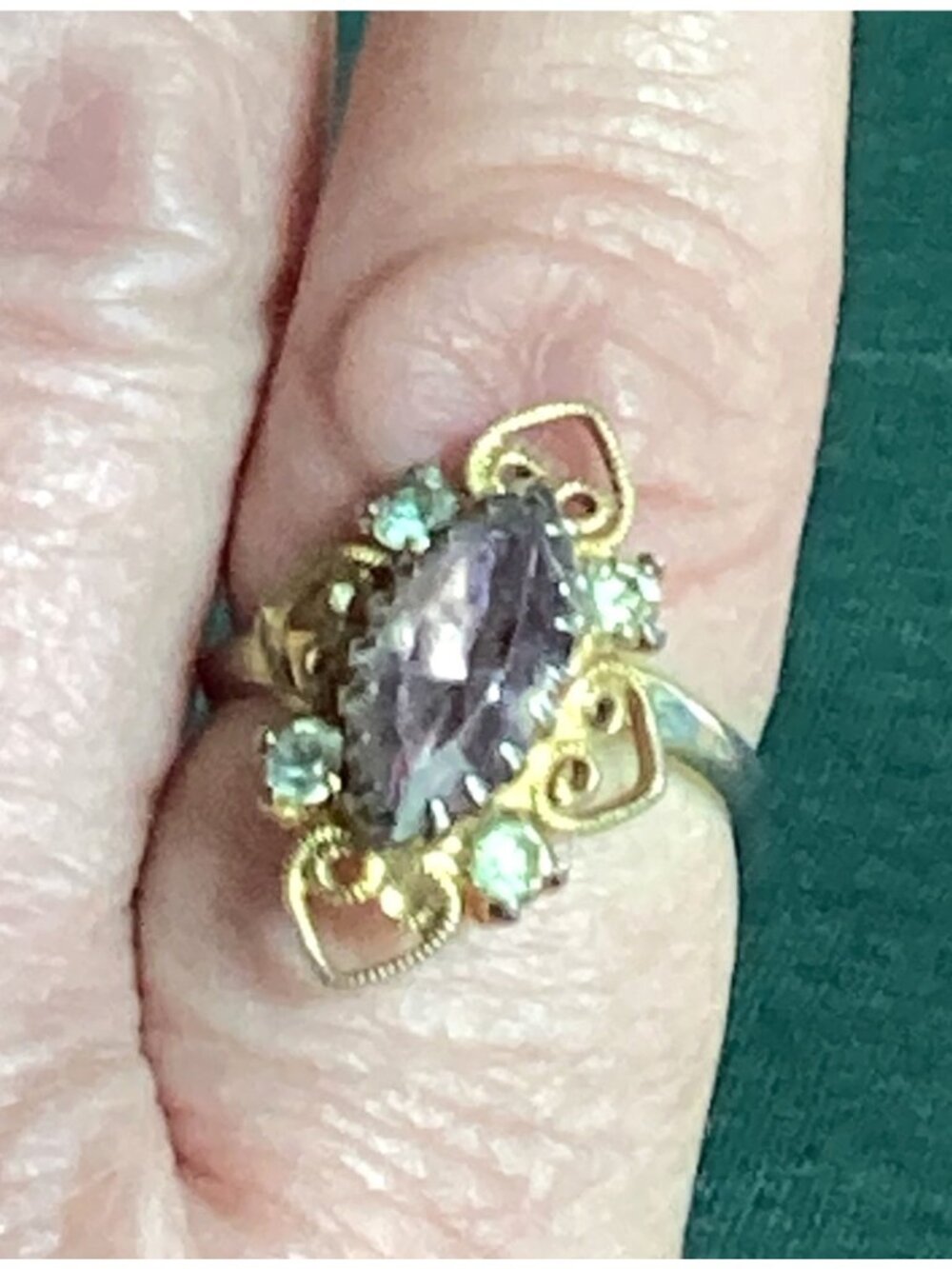 Vtg Adjustable Gold Tone Heart Filagree Cocktail Ring Pink Marquise Rhinestone